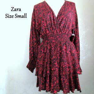 ZARA DRESS, S, RED & BLACK RUFFLED MINI, NWOT, SHIRRED STRETCH WAIST LONG SLEEVE